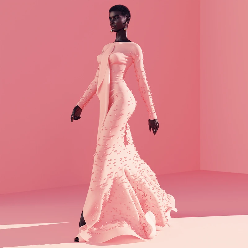 （虛擬超模 Shudu 身穿設計師華服走上伸展台，展現惟妙惟肖的絕美身影。）