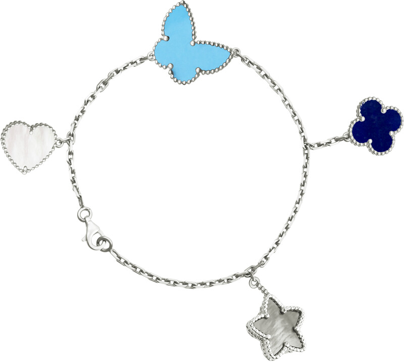 Lucky Alhambra白K金手鍊，白色珍珠母貝、灰色珍珠母貝、青金石、綠松石4枚墜飾。