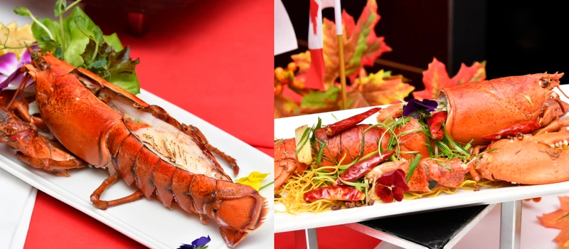 炙烤龍蝦佐檸檬奶油醬(左) XO醬爆炒加拿大龍蝦(右) 炙烤龍蝦佐檸檬奶油醬(左) XO醬爆炒加拿大龍蝦(右)