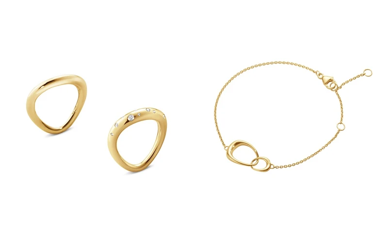 GEORG JENSEN OFFSPRING系列：18K黃金戒指、18K黃金鑽石戒指、18K黃金手鍊。