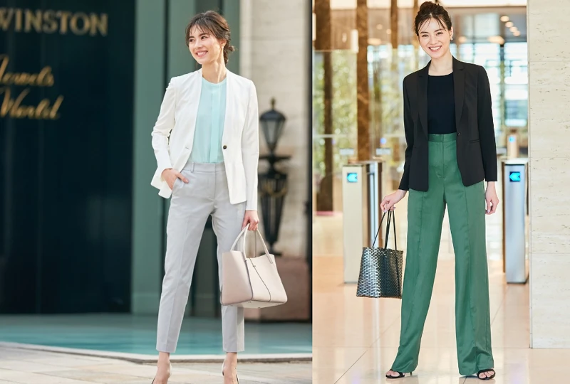 白色無領單釦西裝外套、水綠色圓領襯衫、淺灰八分褲、黑西裝外套、黑色圓領針織上衣、冷杉綠寛管褲all by ICB 白色無領單釦西裝外套、水綠色圓領襯衫、淺灰八分褲、黑西裝外套、黑色圓領針織上衣、冷杉綠寛管褲all by ICB