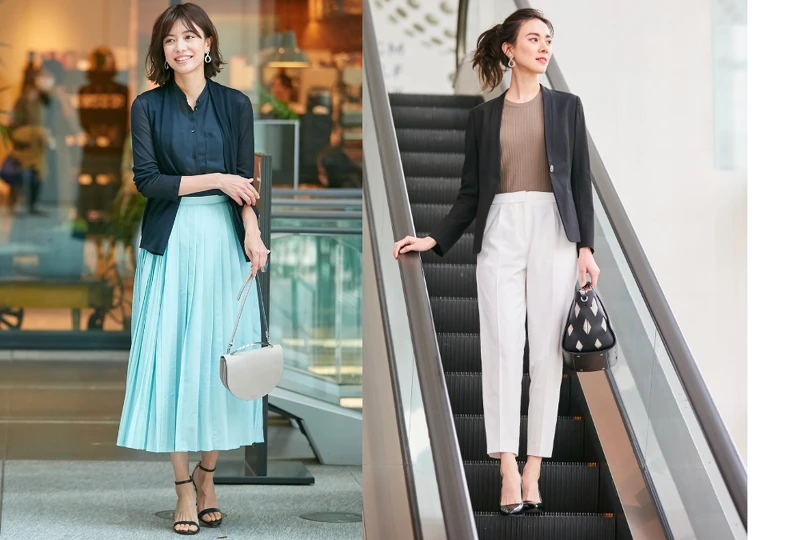 輕感外罩衫、深藍無袖襯衫、湖水綠百褶長裙、無領黑色西裝外套、駝色圓領針織上衣、白色八分褲all by ICB 輕感外罩衫、深藍無袖襯衫、湖水綠百褶長裙、無領黑色西裝外套、駝色圓領針織上衣、白色八分褲all by ICB