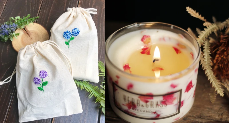 左圖：「花漾布局」刺繡體驗活動；右圖：Eye Candle「花草精油蠟燭」體驗課程。