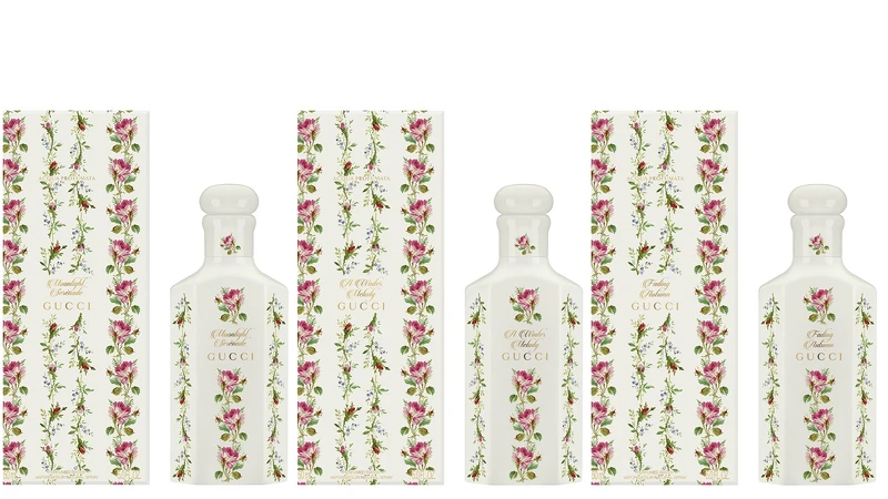 3款香氛純露被盛裝在特別打造的白瓷瓶中，上頭印製著Gucci極為女性及個性化的粉紅玫瑰印花。