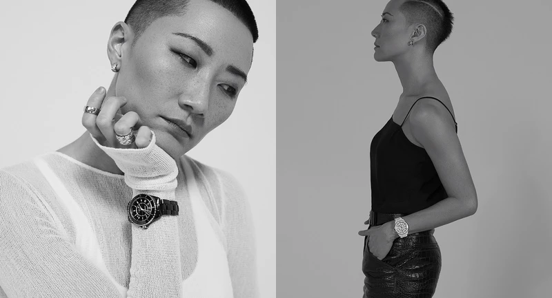 (左)黑色J12腕錶、Coco Crush系列戒指、耳環、白色透視洋裝,all by Chanel。(右)白色J12腕錶、Coco Crush系列耳環、鱷魚壓紋皮褲、腰帶,all by Chanel。 (左)黑色J12腕錶、Coco Crush系列戒指、耳環、白色透視洋裝,all by Chanel。(右)白色J12腕錶、Coco Crush系列耳環、鱷魚壓紋皮褲、腰帶,all by Chanel。