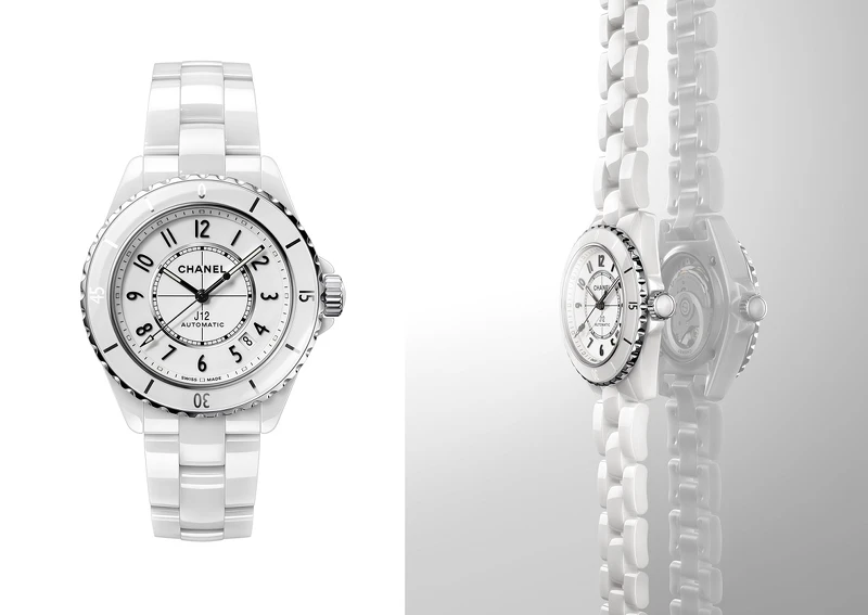 白色J12抗磨精密陶瓷搭配精鋼錶殼腕錶 ，Chanel。