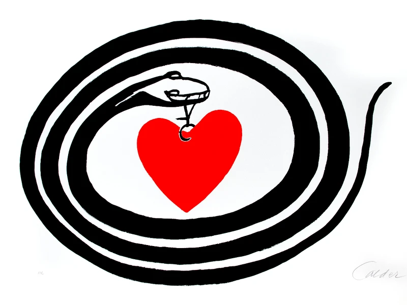《心之月》(Month of Hearth),美國著名雕塑藝術家Alexander Calder1972年的創作,一條靈動的蛇唌著一顆心,意境任由觀者自行體會。 《心之月》(Month of Hearth),美國著名雕塑藝術家Alexander Calder1972年的創作,一條靈動的蛇唌著一顆心,意境任由觀者自行體會。
