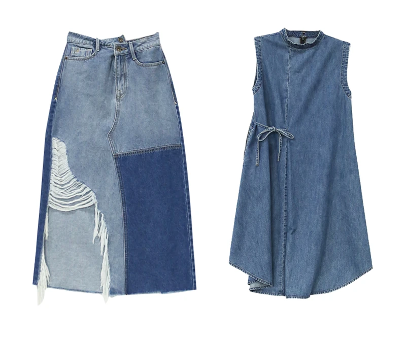 跳色拼接大割破牛仔長裙NT$2,090、中藍立領腰綁帶牛仔洋裝NT$2,490 跳色拼接大割破牛仔長裙NT$2,090、中藍立領腰綁帶牛仔洋裝NT$2,490