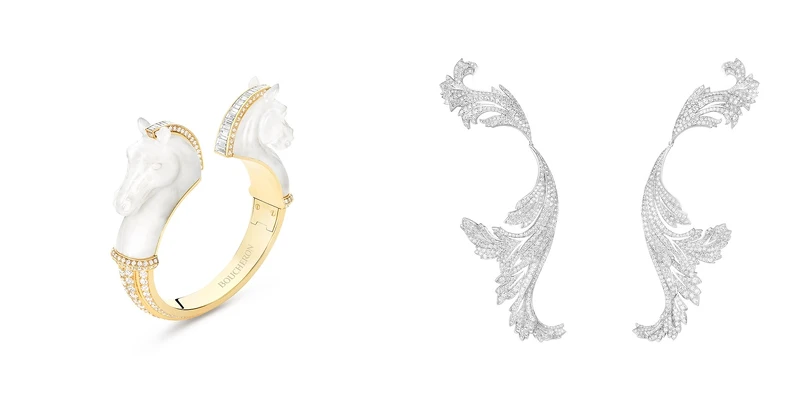 (左)LE CHEVAL DE L'OPERA手環。(右)FEUILLES D'ACANTHE耳環。
