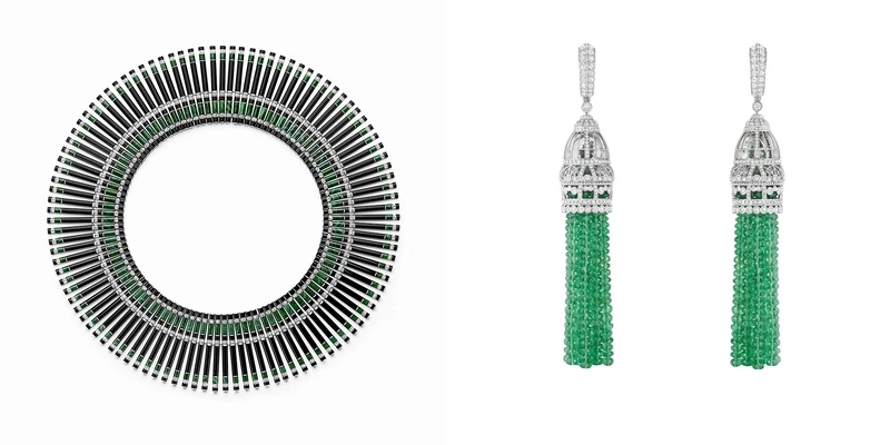 (左)GROSGRAIN項鍊。(右)VERRIERE耳環。