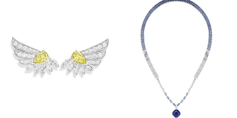 (左)「耀眼驕陽」黃鑽頂級珠寶鑽石耳環。(右)「蔚藍瀑布」藍寶石頂級珠寶鑽石墜鍊。 (左)「耀眼驕陽」黃鑽頂級珠寶鑽石耳環。(右)「蔚藍瀑布」藍寶石頂級珠寶鑽石墜鍊。