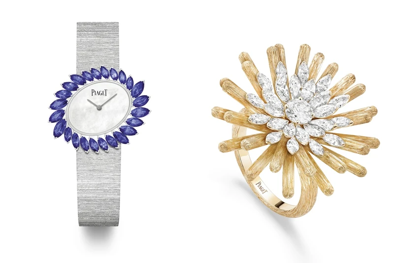 (左)「蔚藍瀑布」藍寶石頂級珠寶腕錶。(右)「永恆之陽」頂級珠寶鑽石戒指。 (左)「蔚藍瀑布」藍寶石頂級珠寶腕錶。(右)「永恆之陽」頂級珠寶鑽石戒指。