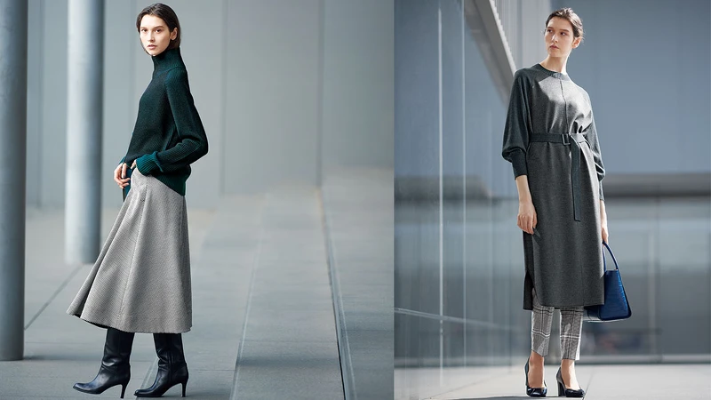 左：寬鬆份量感毛衣X千鳥格A字裙、右：格紋褲X羊毛洋裝 