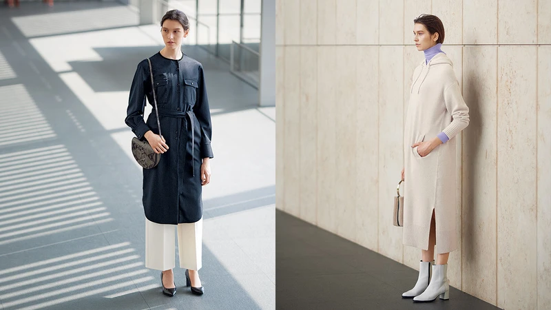 左：襯衫洋裝X寬褲、右：亮色高領毛衣X連帽羊毛洋裝 
