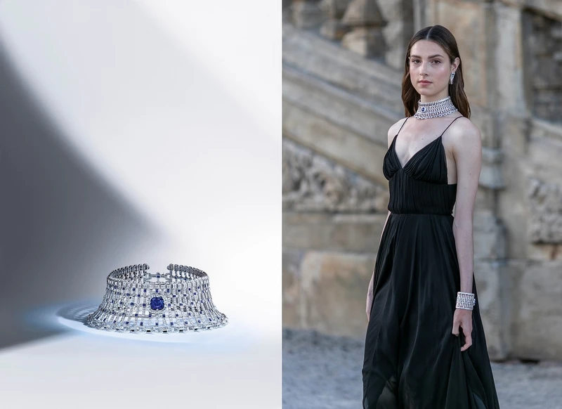 路易威登 Riders of the Knights 系列白金頸鏈,中央 鑲嵌 19.31 克拉藍寶石,配以 16.96 克拉藍寶石及 58.71 克拉鑽石。 路易威登 Riders of the Knights 系列白金頸鏈,中央 鑲嵌 19.31 克拉藍寶石,配以 16.96 克拉藍寶石及 58.71 克拉鑽石。