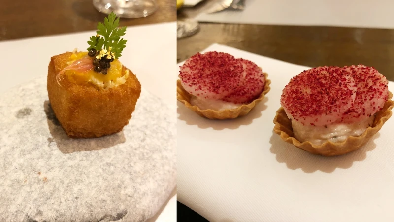 左為「柚香府城秋蟹魚子醬發財板」；右為「虱目魚西瓜綿小塔」