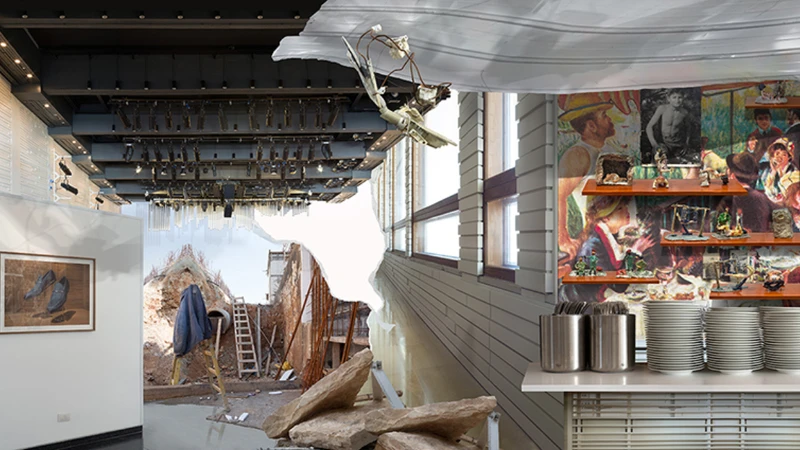 影像右側架上的人偶,是一名戰俘離開療養機構後的作品,各種扭曲的人型正是當時在機構裡的身心寫照;左側的路易威登名牌鞋畫作,則真實存在於現在翻修後的精品飯店中。 影像右側架上的人偶,是一名戰俘離開療養機構後的作品,各種扭曲的人型正是當時在機構裡的身心寫照;左側的路易威登名牌鞋畫作,則真實存在於現在翻修後的精品飯店中。