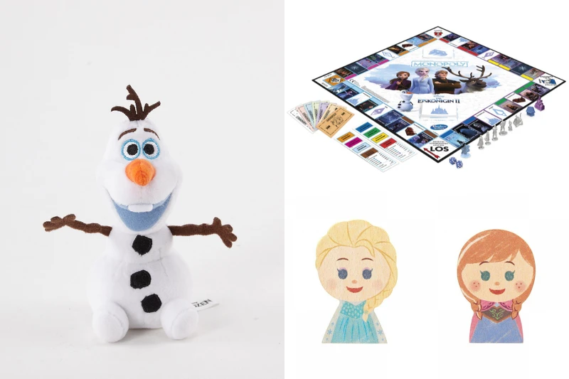 (左)Grace Gift 冰雪奇緣聯名雪寶玩偶吊飾 特價199元 原價399元。 (右上)地產大亨－冰雪奇緣 推薦價999元。 (右下)KIDEA艾莎小木塊、安娜小木塊 推薦價295元。​​​​
