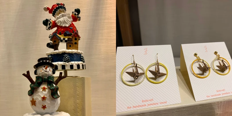 (左)日本三協株式會社SANKYO 歡樂聖誕雪精靈造型音樂盒 推薦價1,420元。 (右)koto-eri 紙鶴造型2號木質耳環 推薦價1,740元。