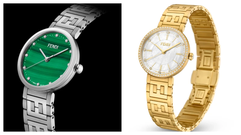 (左)天然孔雀石錶盤鑲嵌12顆鑽石時標腕錶,NT50,500; (右)白色珍珠母貝錶盤鑲嵌12顆鑽石時標和黃金色刻度腕錶,NT84,000 (左)天然孔雀石錶盤鑲嵌12顆鑽石時標腕錶,NT50,500; (右)白色珍珠母貝錶盤鑲嵌12顆鑽石時標和黃金色刻度腕錶,NT84,000