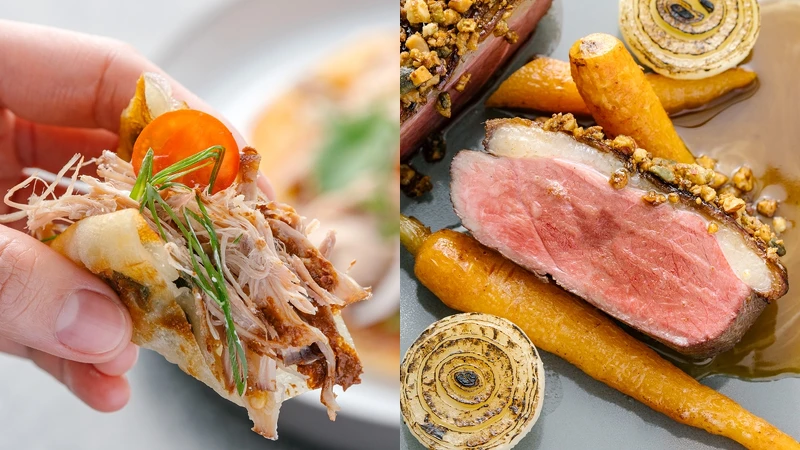 (左)油封鴨腿塔可、(右)咖啡鴨胸 (左)油封鴨腿塔可、(右)咖啡鴨胸