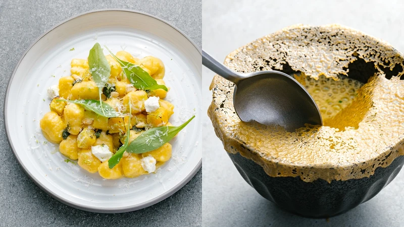 (左)地瓜麵疙瘩、(右)甜玉米湯 (左)地瓜麵疙瘩、(右)甜玉米湯