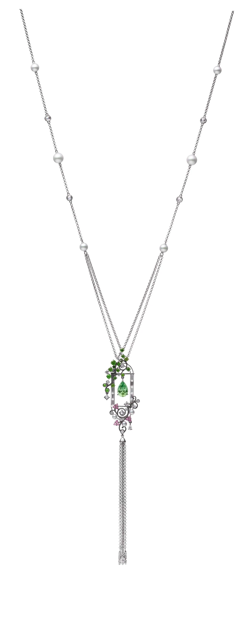 MIKIMOTO Jardin Mystérieux 祕密花園頂級珠寶系列 - 花園窗景造型流蘇墜鍊，參考價格NT1,700,000