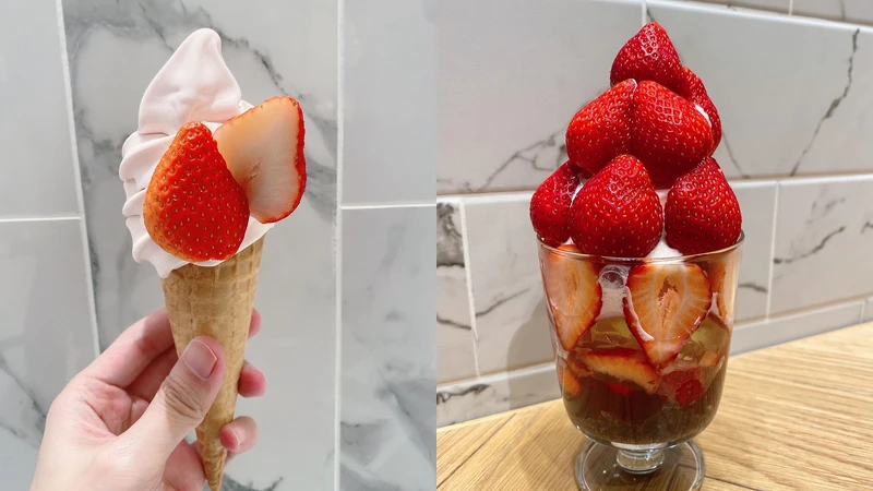 日本草莓霜淇淋 125元、台灣草莓聖代 220元 日本草莓霜淇淋 125元、台灣草莓聖代 220元