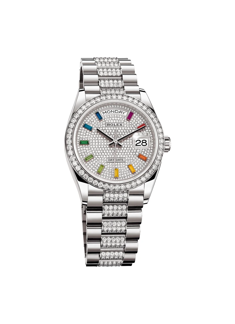 Day-Date 36 18ct白色黃金款 鑽石及彩虹漸變色藍寶石錶面