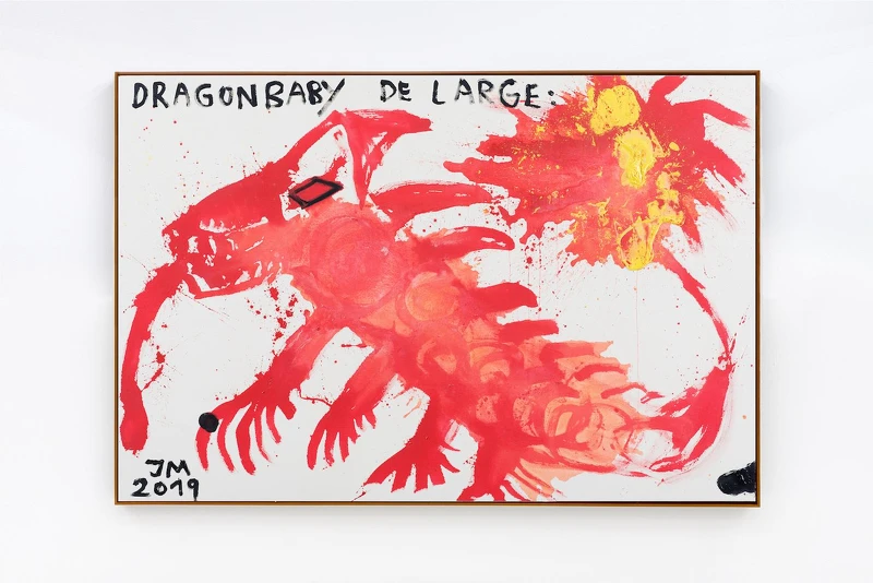 Jonathan Meese, “DER SCHWANGERE DRACHE AUS VULKANIA!”, 2019, Acrylic on canvas, 140.3 x 210.5 cm, Courtesy of the artist and Sies + Höke.