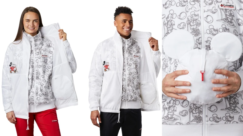 迪士尼可收納防潑兩件式立領外套(NT$9,880),外層防水、內層刷毛外套隱約透出米奇插畫,可收納成米奇頭。 迪士尼可收納防潑兩件式立領外套(NT$9,880),外層防水、內層刷毛外套隱約透出米奇插畫,可收納成米奇頭。