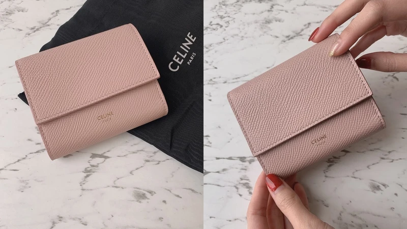 CELINE復古粉色粒紋小牛皮小型短夾，NT18,500