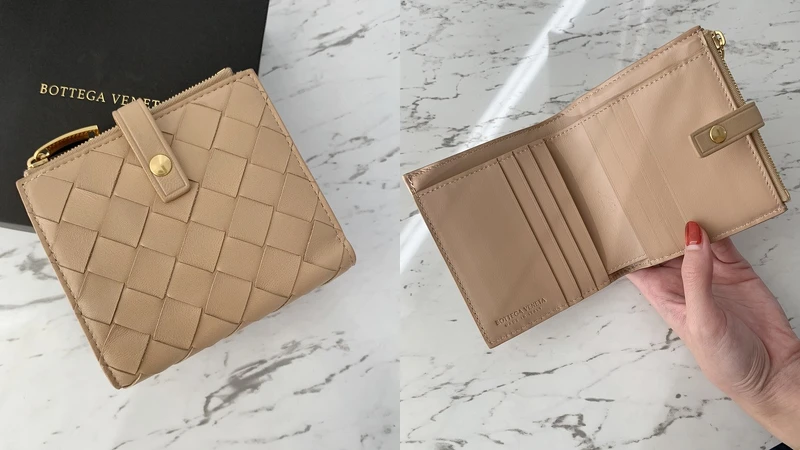 BOTTEGA VENETA 裸膚色1.5編織小羊皮短夾，NT20,200