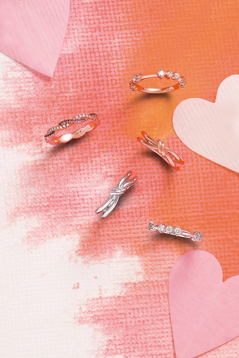 LOVE CODE戒指(玫瑰金、鑽石、粉紅剛玉)、HARLEY GO BOLDLY戒指(玫瑰金、鑽石、粉紅剛玉)、 FORGET YOU NEVER戒指(玫瑰金/白K金、粉紅剛玉)、LOVE CODE戒指(白K金、鑽石、粉紅剛玉)。
