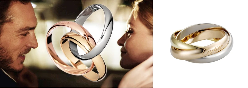 卡地亞Trinity系列經典款三環戒 白K金、黃K金、玫瑰金，約NT41,100