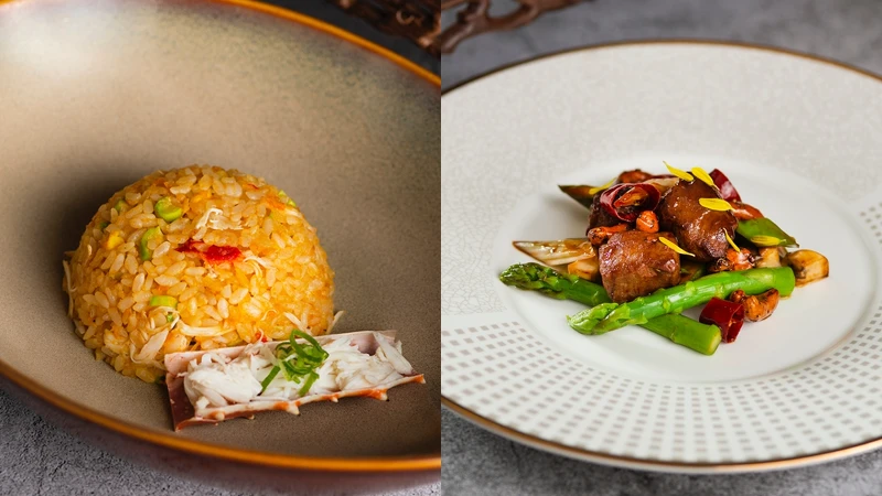 泰國蝦頭油阿拉斯加蟹肉炒飯、香辣蘆筍美國牛柳粒 泰國蝦頭油阿拉斯加蟹肉炒飯、香辣蘆筍美國牛柳粒