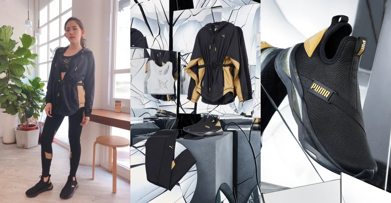 陳艾琳運動時的 #OOTD。PUMA 訓練系列Metal Splash連帽外套（NT$2,680）、訓練系列中衝擊運動內衣（NT$1,380）、訓練系列Metal Splash緊身褲（NT$1,880）、LQDCELL Shatter Mid Wns（NT$3,580）