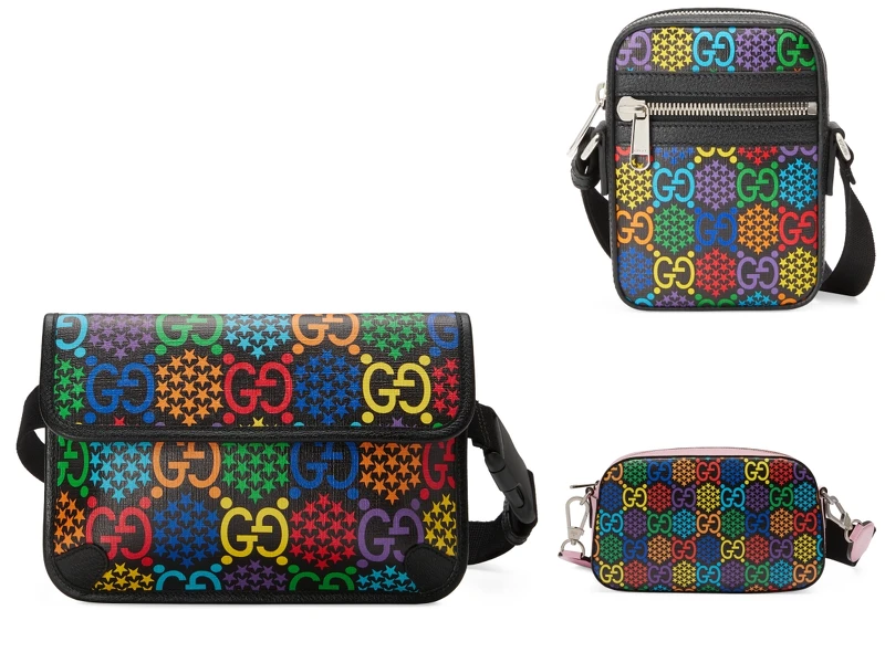 Psychedelic系列（左）腰包（NT$31,200）、（右上）肩背包（NT$33,400）、粉紅肩背包（NT$37,200）