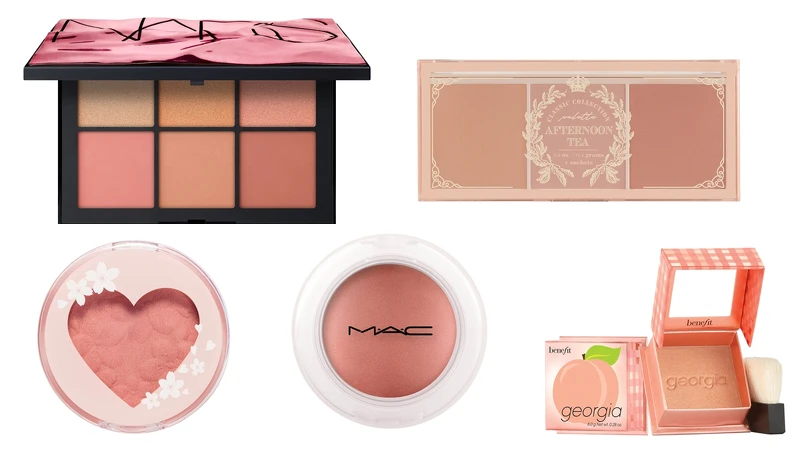 NARS 激情過後6色頰彩盤，NT2,300。 I'M MEME我愛春茶莓果腮紅盤，NT590。 ETUDE HOUSE 粉好氣色腮紅餅，NT350。 M.A.C 持色奶凍腮紅，NT1,050。 BENEFIT 小蜜桃蜜粉盒，NT1,200。