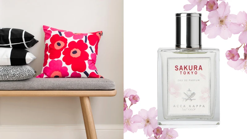 (左圖)誠品生活信義店|Marimekko|Unikko印花抱枕;(右圖)誠品生活敦南店|ACCA KAPPA粉櫻芬飛淡香精。 (左圖)誠品生活信義店|Marimekko|Unikko印花抱枕;(右圖)誠品生活敦南店|ACCA KAPPA粉櫻芬飛淡香精。