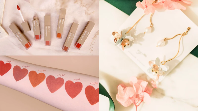 (左圖)誠品生活南西|BEVY C.|經典微醺柔霧光唇釉;(右圖)誠品生活南西|Febbi|花之獻禮珍珠耳環綻放。 (左圖)誠品生活南西|BEVY C.|經典微醺柔霧光唇釉;(右圖)誠品生活南西|Febbi|花之獻禮珍珠耳環綻放。