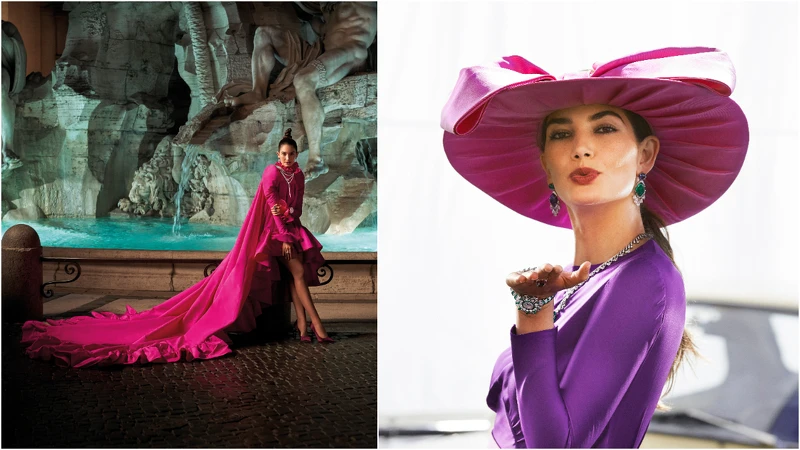 裝扮華美的 Lily Aldridge 配戴著寶格麗頂級珠寶系列，在夜晚的特雷維噴泉前留下倩影。