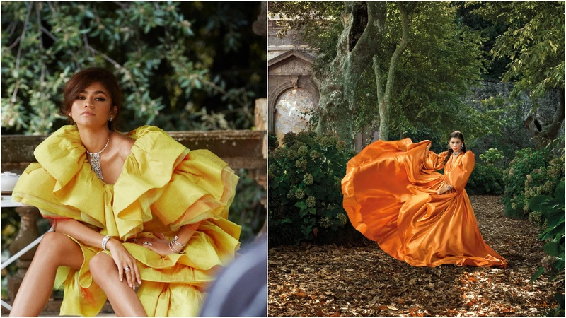 Zendaya 配戴 Octo Roma 腕錶參加蒼鬱花園中的化妝舞會，身上的 Fiorever 鑽石系列閃爍耀眼光芒。