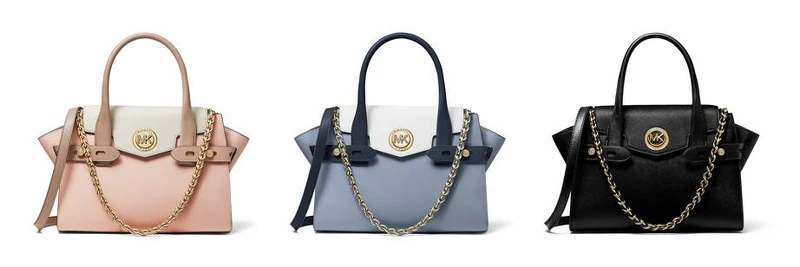 Carmen系列 粉白色拼接提包、藍白拼接提包、黑色拼接提包,各NT15,900 Carmen系列 粉白色拼接提包、藍白拼接提包、黑色拼接提包,各NT15,900