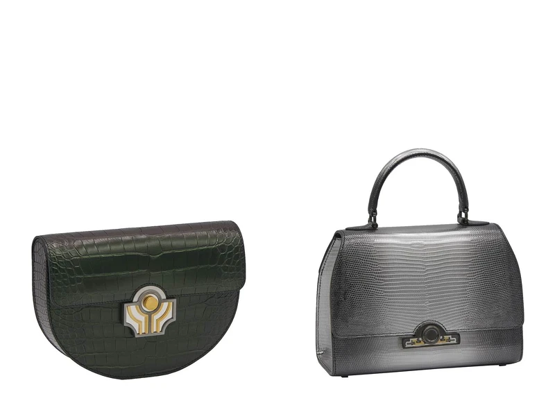 Marie Louise Iridescent鱷魚皮墨綠X黑包款、Rejane 23 Heritage金屬光蜥蜴皮 淺灰色包款。