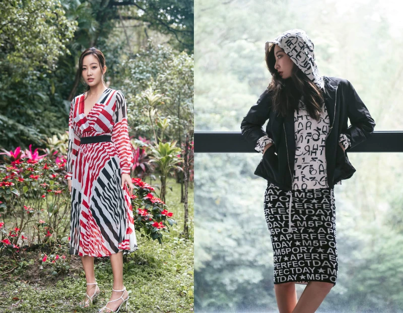 (右)滿版LOGO印花帽T $14,300、A PERFECT DAY針織鉛筆裙 $11,600、風衣外套 $16,300 (左)迷幻幾何洋裝 $22,300 (右)滿版LOGO印花帽T $14,300、A PERFECT DAY針織鉛筆裙 $11,600、風衣外套 $16,300 (左)迷幻幾何洋裝 $22,300