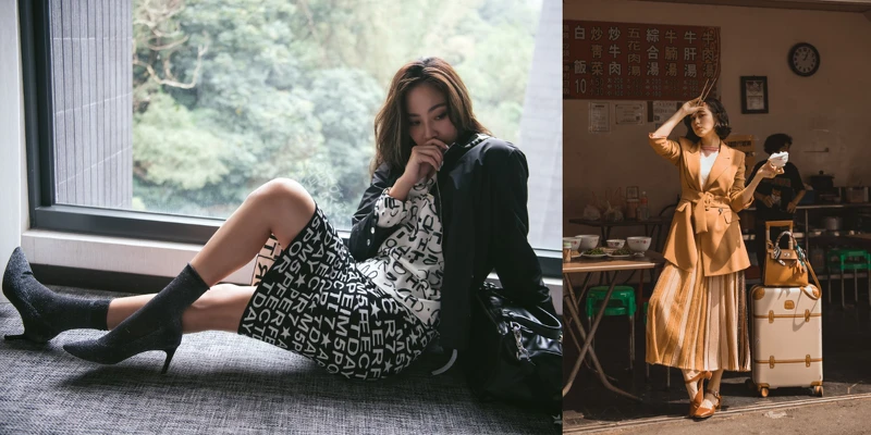 (右)雲雀色西裝外套 $21,300、色塊拼接針織衫 $12,900、針織打褶裙 $15,300 (右)雲雀色西裝外套 $21,300、色塊拼接針織衫 $12,900、針織打褶裙 $15,300