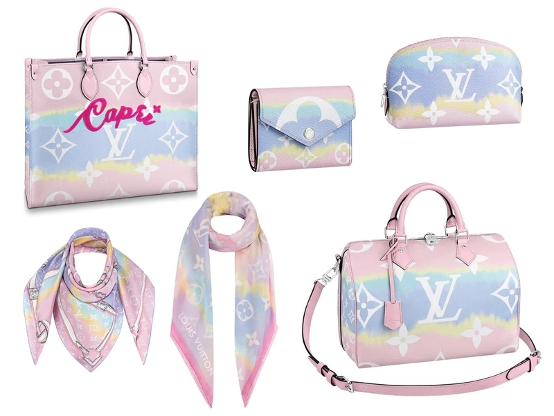 (左起上排)Onthego托特包(NT$102,000)、皮夾(NT$21,800)、化妝包(NT$18,000);(左起下排)方巾(NT$17,500)、絲巾(NT$30,500)、Speedy(NT$74,500) (左起上排)Onthego托特包(NT$102,000)、皮夾(NT$21,800)、化妝包(NT$18,000);(左起下排)方巾(NT$17,500)、絲巾(NT$30,500)、Speedy(NT$74,500)