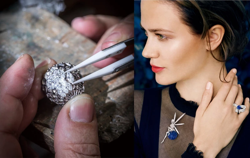 左:Mystery Set隱密式鑲嵌工藝,右:Fairy 胸針形象圖 左:Mystery Set隱密式鑲嵌工藝,右:Fairy 胸針形象圖