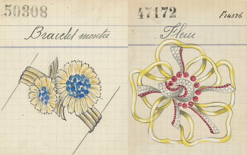 左:1938年推出的神秘腕錶及可拆式雙花胸針產品資料卡。右:1937年 Silhouette Flower胸針的產品資料卡。 左:1938年推出的神秘腕錶及可拆式雙花胸針產品資料卡。右:1937年 Silhouette Flower胸針的產品資料卡。